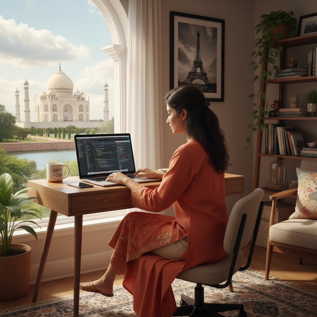 Professional working remotely with view of Taj Mahal