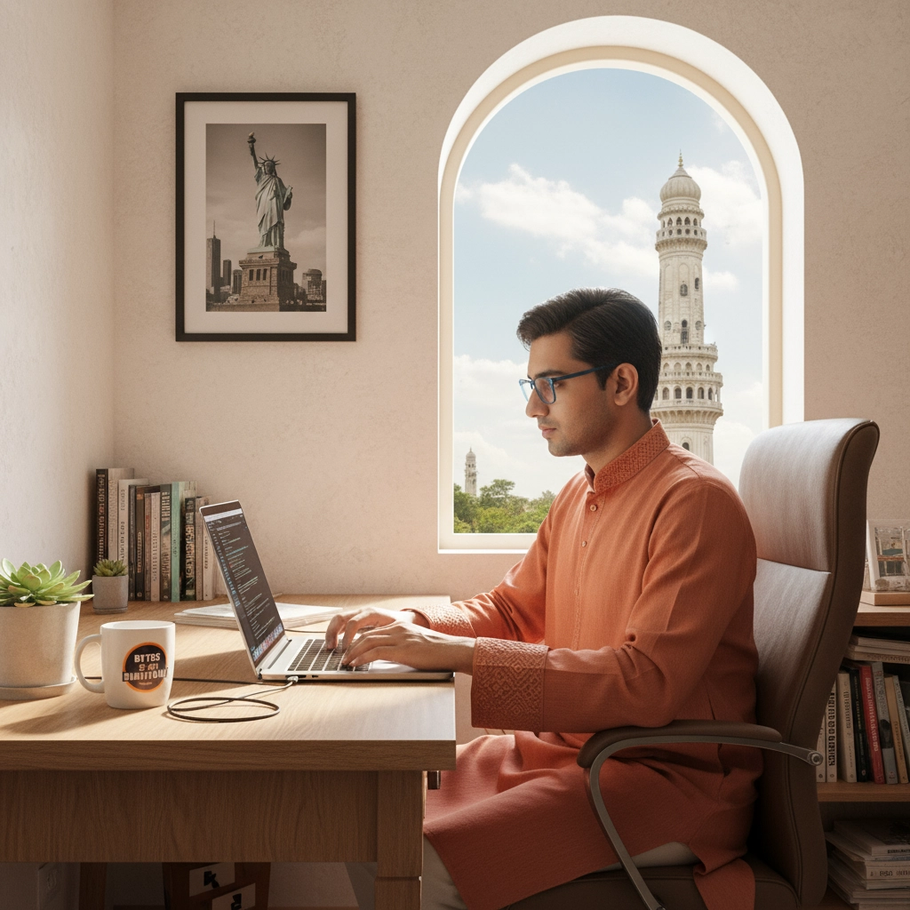 Professional working remotely from home with view of Charminar